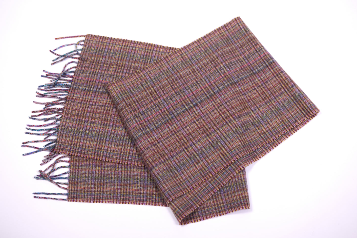 This scarf is a unisex 100% cashmere woven scarf, featuring a classic plaid pattern with a mix of pink, purple, and gray tones.