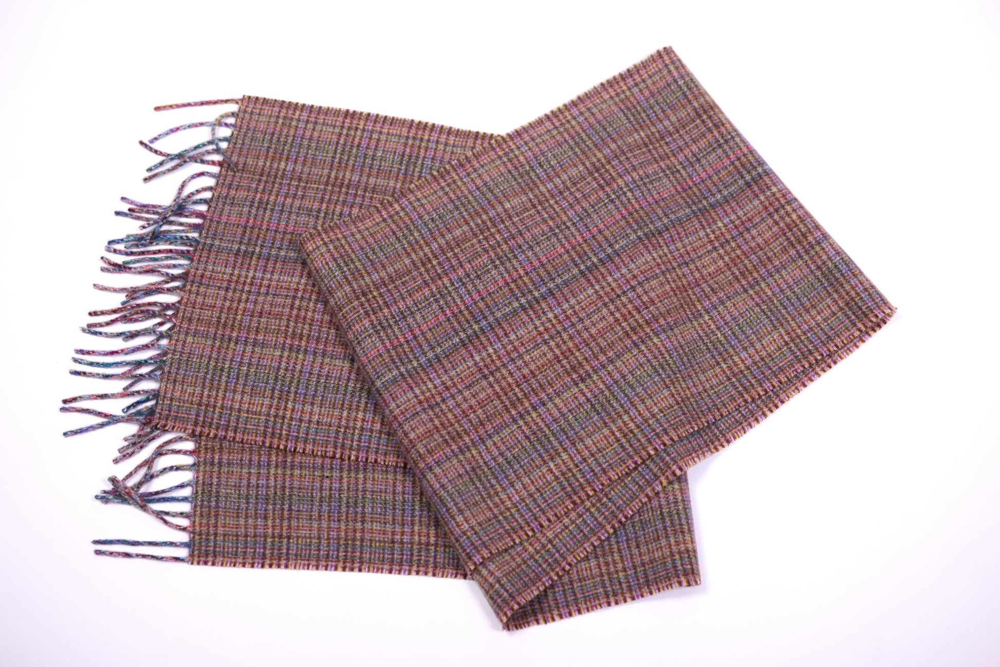 This scarf is a unisex 100% cashmere woven scarf, featuring a classic plaid pattern with a mix of pink, purple, and gray tones. 